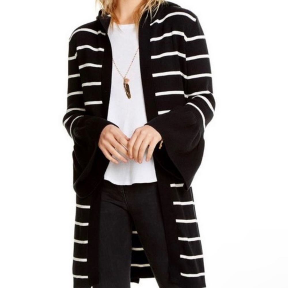 Chaser White Navy Blue Longline Knit Hooded Belted Cardigan Duster Sweater M
